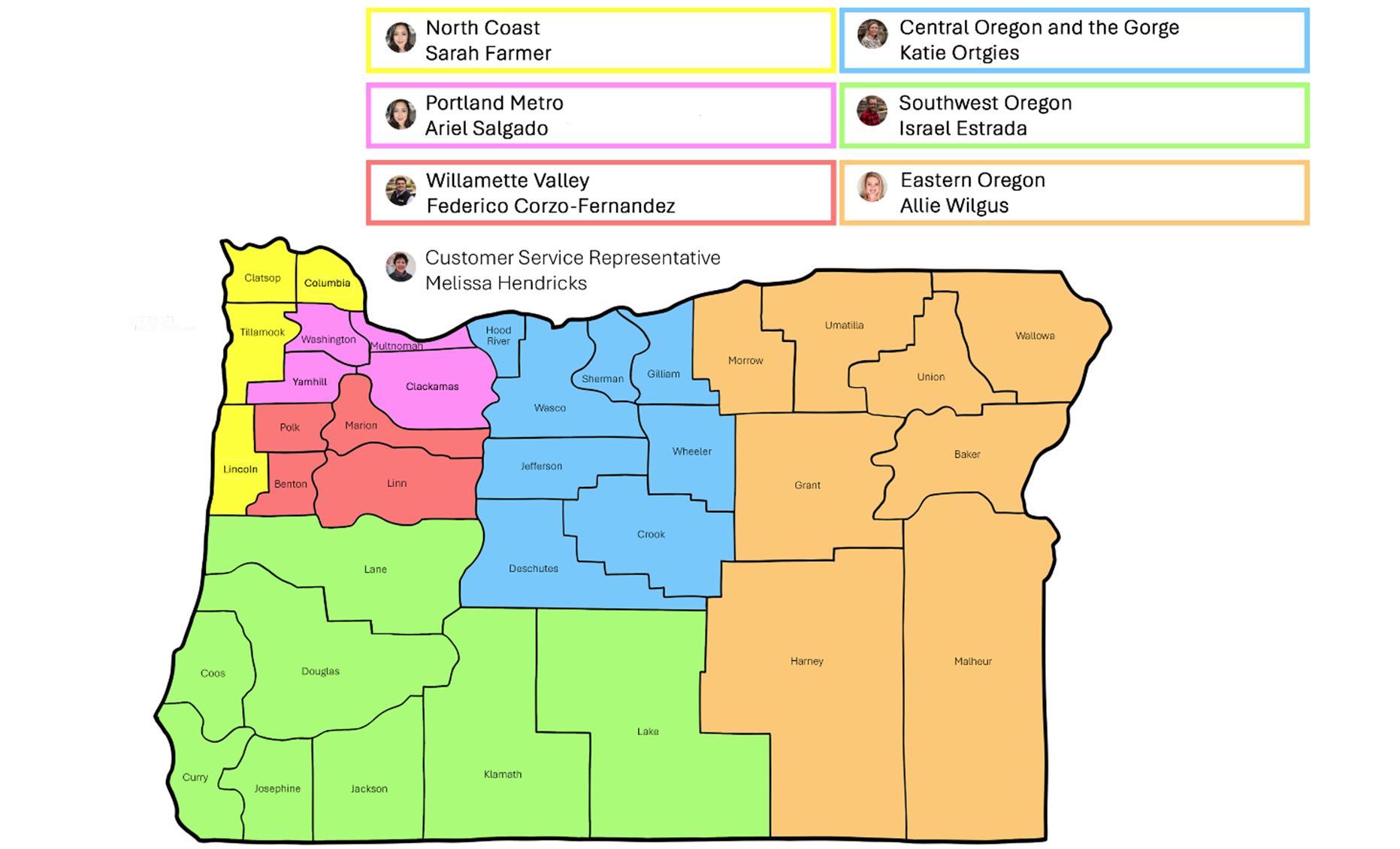 map of Oregon with outreach turf areas highlighted in different colors by outreach and education coordinator
