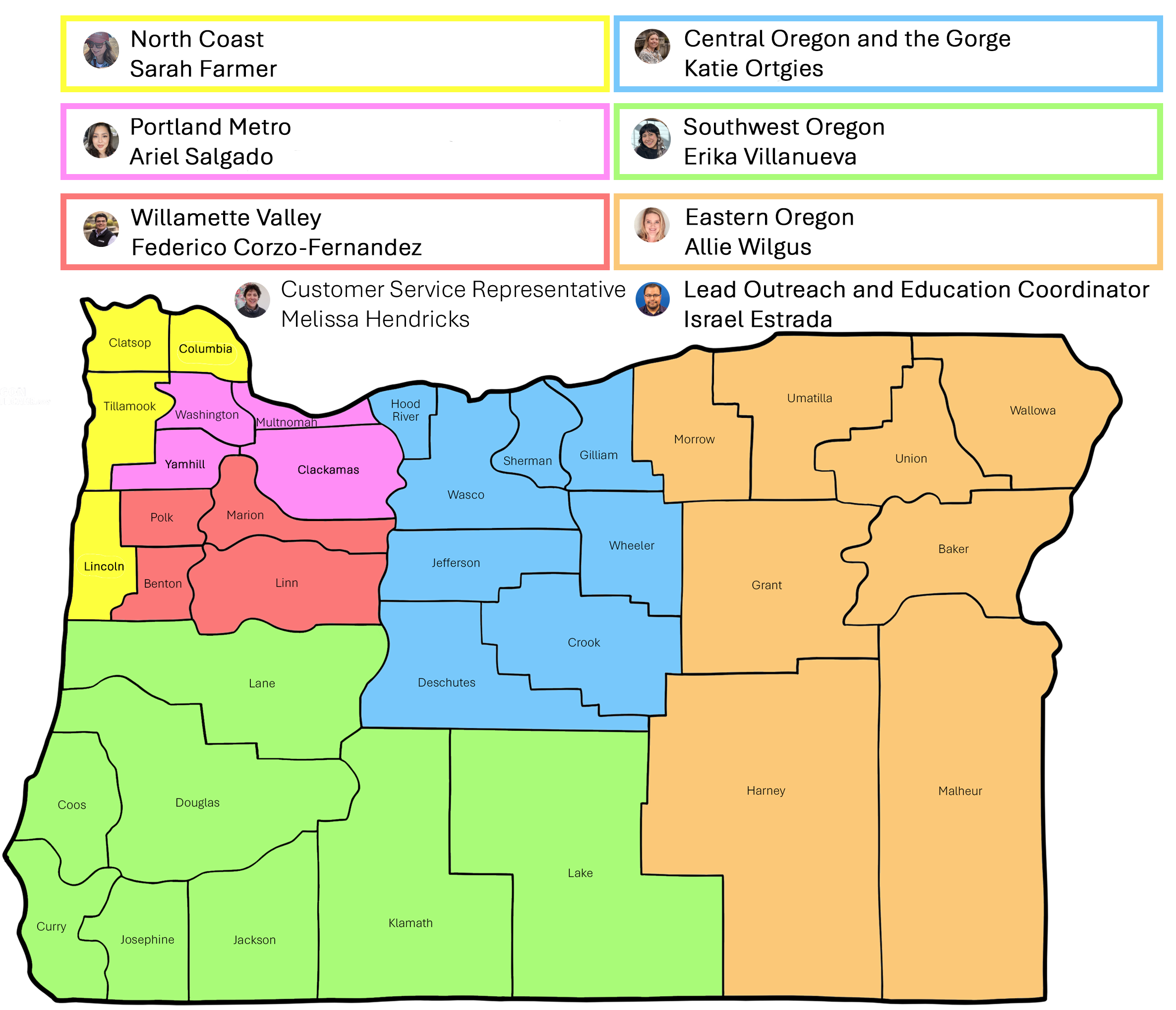 map of Oregon with outreach turf areas highlighted in different colors by outreach and education coordinator